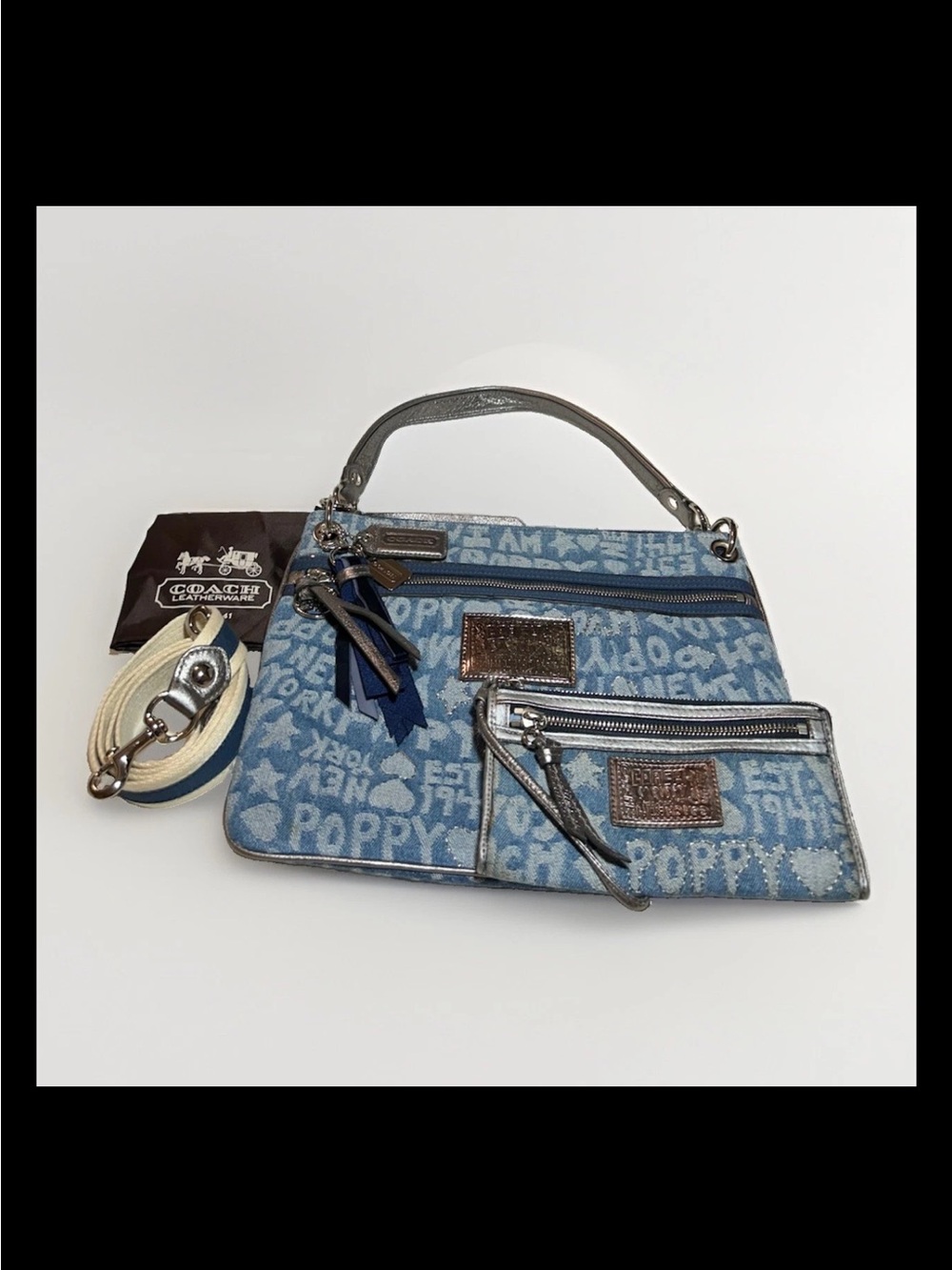Coach Poppy Denim Shoulder Bag, Wallet/Wristlet, Strap Set, Word Block Graffiti